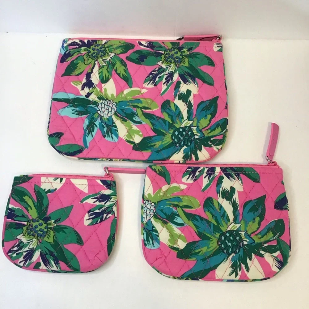 VERA BRADLEY Tropical Paradise Pink and Green Floral Cosmetic Bag 3 Pc Set NEW